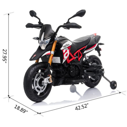 12V Aprilia Licensed Kids Ride On Motorcycle, 4-wheel Electric Dirt Bike with Spring Suspension, LED Lights, USB, MP3, Red