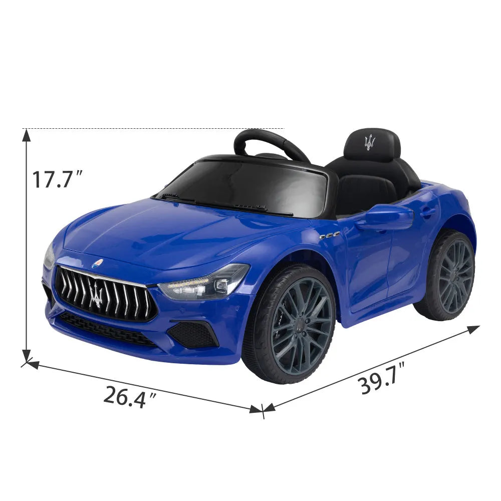 Maserati Ghibli Licensed 12V Kids Ride On Car, Battery Powered Electric Vehicle w/ 2.4G Remote Control, LED Lights, MP3 Music, USB, Horn, Children Age 3-6, Small, Light Blue and Black