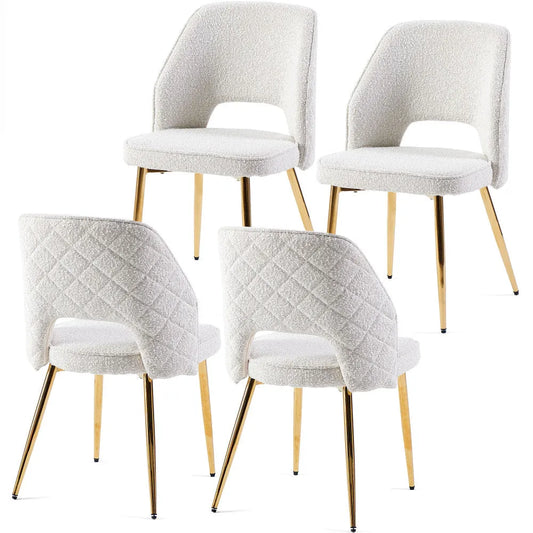 Off White Faux Fur Dining Chairs with Metal Legs and Hollow Back Upholstered Dining Chairs Set of 2