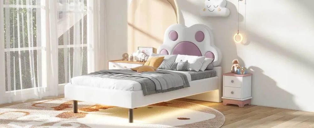 Twin Size Upholstered Platform Bed with Animal Paw Shaped Headboard and LED, Pink