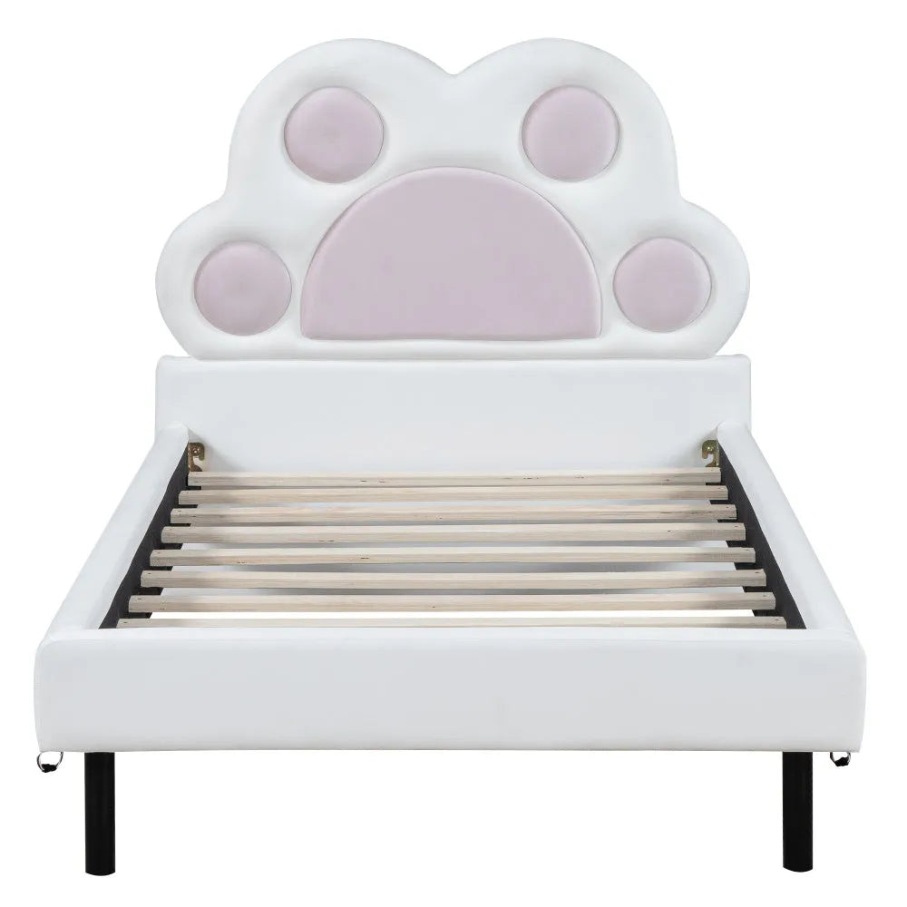 Twin Size Upholstered Platform Bed with Animal Paw Shaped Headboard and LED, Pink