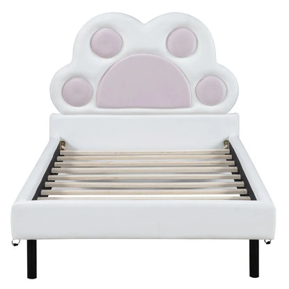 Twin Size Upholstered Platform Bed with Animal Paw Shaped Headboard and LED, Pink