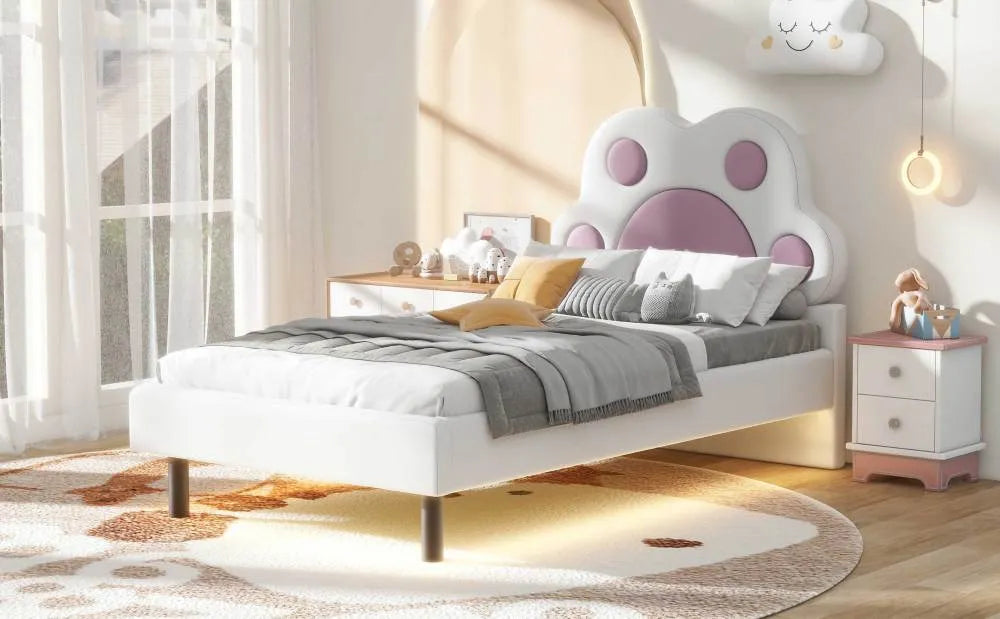 Twin Size Upholstered Platform Bed with Animal Paw Shaped Headboard and LED, Pink