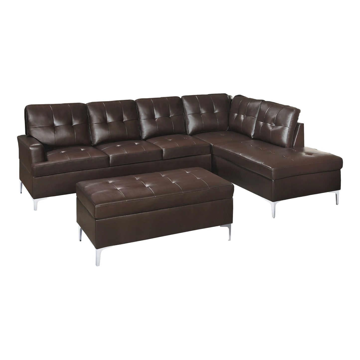 Contemporary Brown 3pc Sectional Sofa with RSF Chaise Ottoman Tufted Detail Faux Leather Upholstered Solid Wood Living Room Furniture L-Shape Sofa Chaise