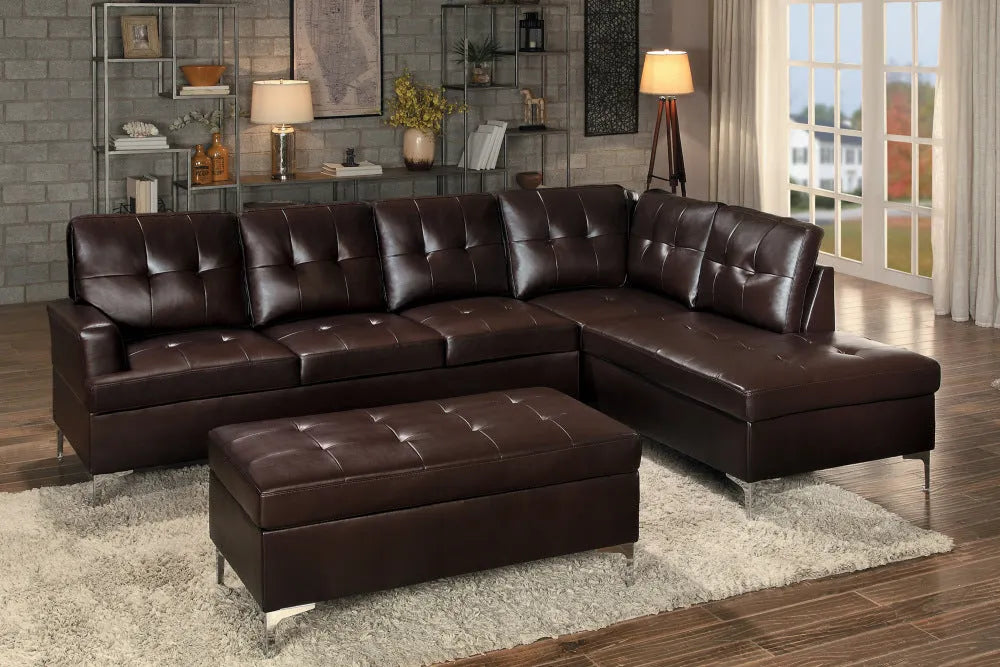 Contemporary Brown 3pc Sectional Sofa with RSF Chaise Ottoman Tufted Detail Faux Leather Upholstered Solid Wood Living Room Furniture L-Shape Sofa Chaise