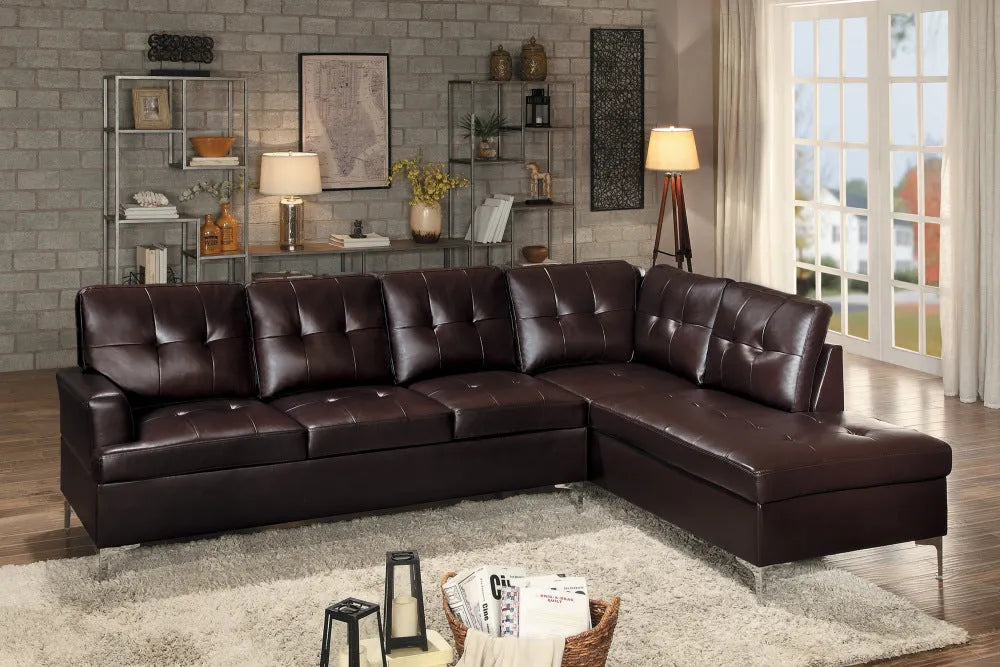 Contemporary Brown 3pc Sectional Sofa with RSF Chaise Ottoman Tufted Detail Faux Leather Upholstered Solid Wood Living Room Furniture L-Shape Sofa Chaise