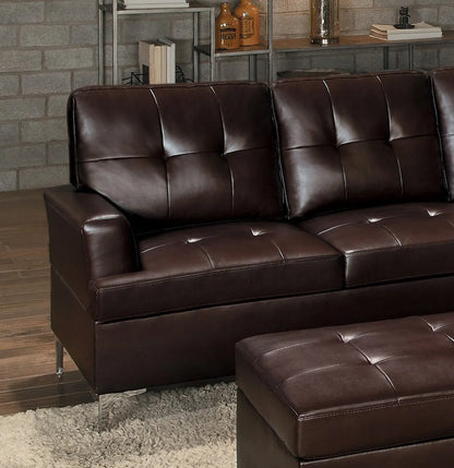 Contemporary Brown 3pc Sectional Sofa with RSF Chaise Ottoman Tufted Detail Faux Leather Upholstered Solid Wood Living Room Furniture L-Shape Sofa Chaise