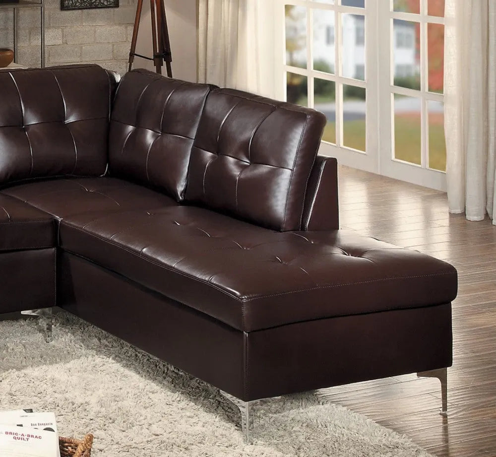 Contemporary Brown 3pc Sectional Sofa with RSF Chaise Ottoman Tufted Detail Faux Leather Upholstered Solid Wood Living Room Furniture L-Shape Sofa Chaise