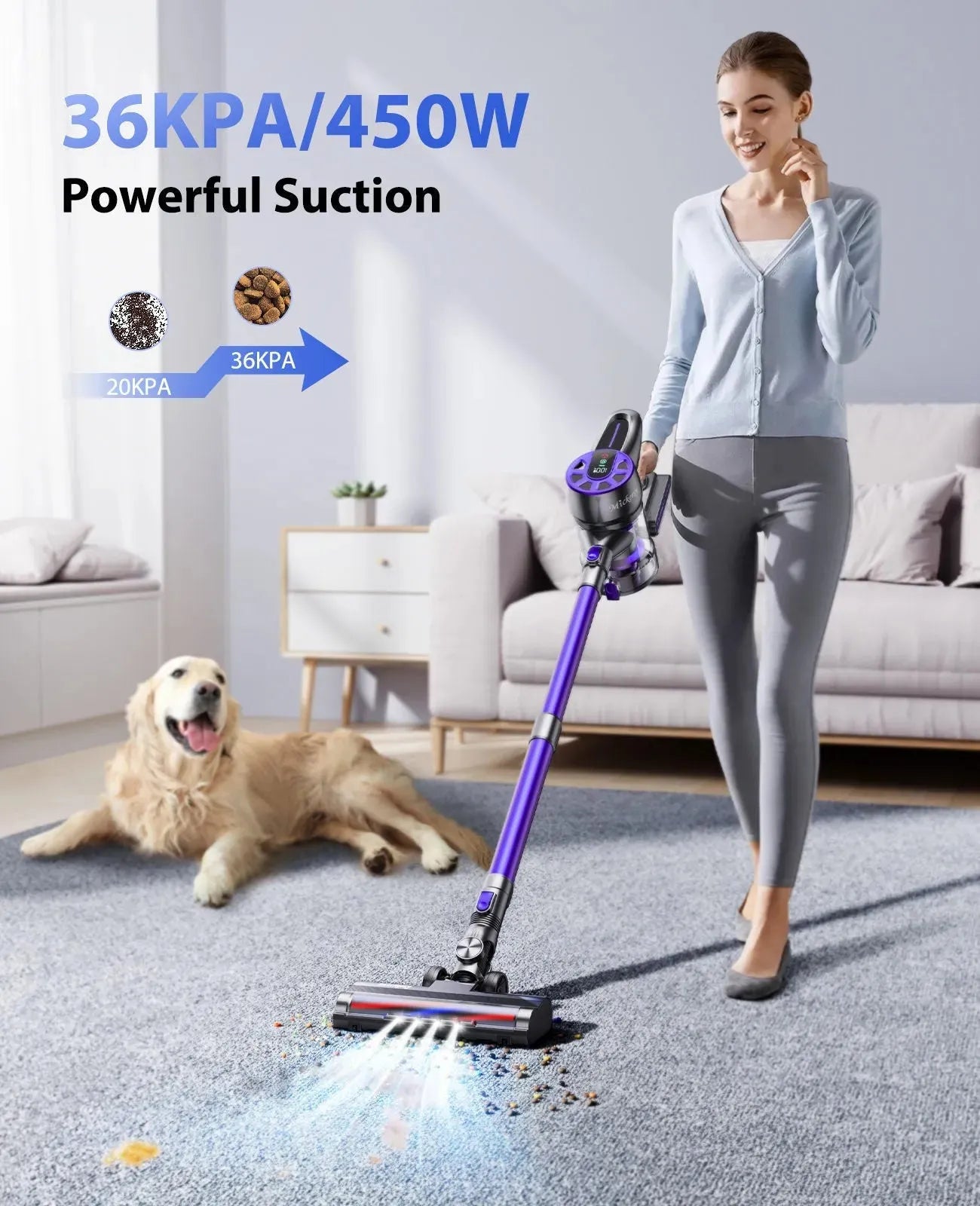 Cordless Vacuum Cleaner, Power Stick Vacuum 450W 36Kpa with Long Runtime Detachable Battery, Vacuum Cleaner with LED Display Lightweight &amp; Quiet, for Pet Hair, Floor, Carpet, 1.5L Dust Cup