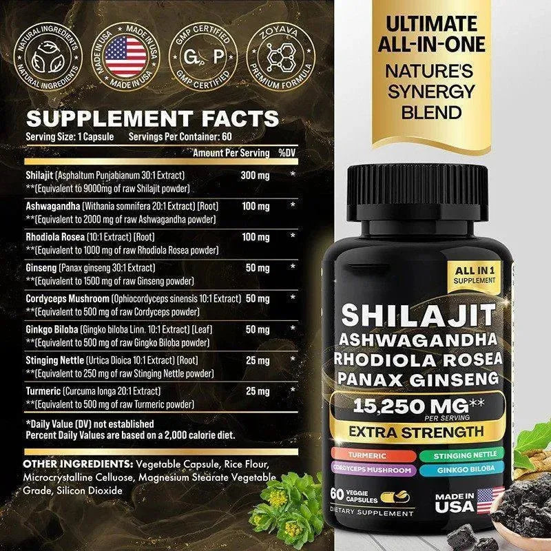 Shilajit Ashwagandha Rhodiola Rosea Panax Ginseng Supplement Fitness - Made in USA with 15,250MG Energize Your Vitality - truelything.com