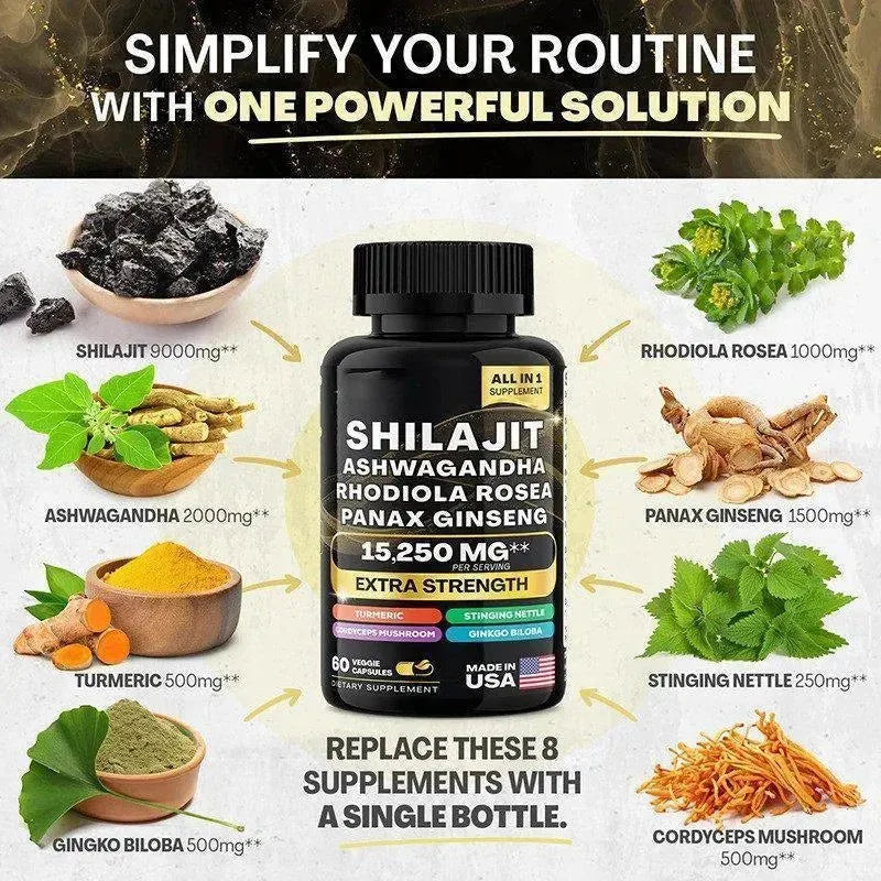 Shilajit Ashwagandha Rhodiola Rosea Panax Ginseng Supplement Fitness - Made in USA with 15,250MG Energize Your Vitality - truelything.com