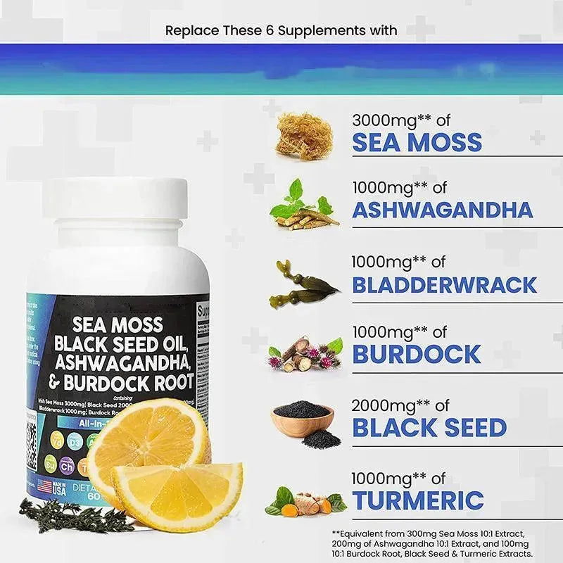 Sea Moss + Ashwagandha Maca Root Bundle with Black Seed Oil, Burdock Root, Fenugreekand More - truelything.com