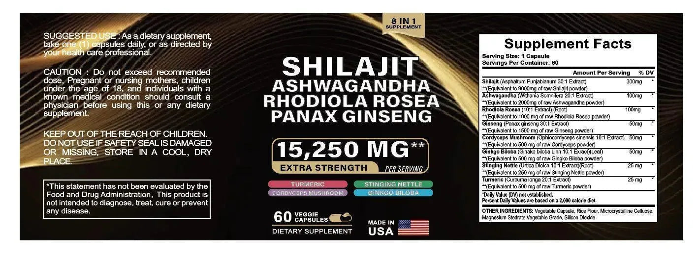 Shilajit Ashwagandha Rhodiola Rosea Panax Ginseng Supplement Fitness - Made in USA with 15,250MG Energize Your Vitality - truelything.com