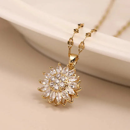 Double-layer Rotatable Sunflower Necklaces For Women Chain Choker Stainless Steel Jewelry Accessories