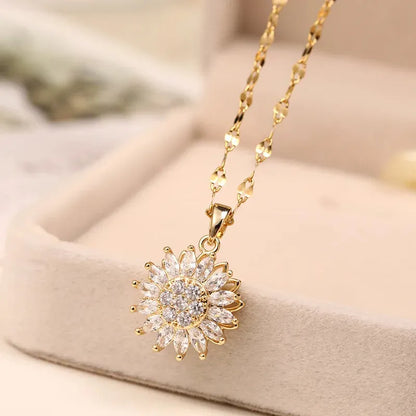 Double-layer Rotatable Sunflower Necklaces For Women Chain Choker Stainless Steel Jewelry Accessories