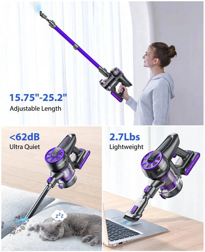 Cordless Vacuum Cleaner, Power Stick Vacuum 450W 36Kpa with Long Runtime Detachable Battery, Vacuum Cleaner with LED Display Lightweight &amp; Quiet, for Pet Hair, Floor, Carpet, 1.5L Dust Cup