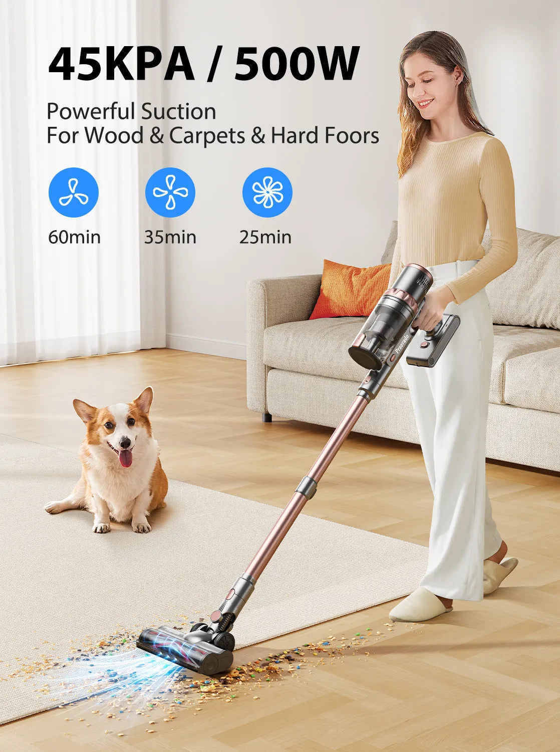 Cordless Vacuum Cleaner, 45000PA/500W Powerful Suction Stick Vacuums with 60min Runtime Lightweight Handheld Vacuums for Pet Hair, Home, Car